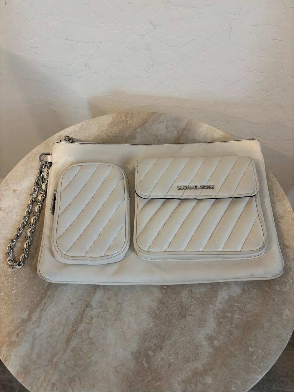 Michael Kors Rose LG Quilted Wristlet Pouch Clutch with Chain Strap